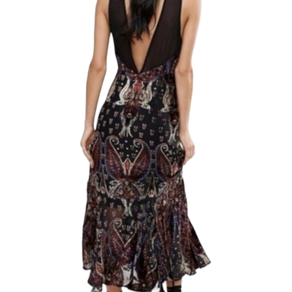 Free People Black & Brown Printed Hands To Hold Front Slit Velvet Maxi Dress-2 - Picture 4 of 12